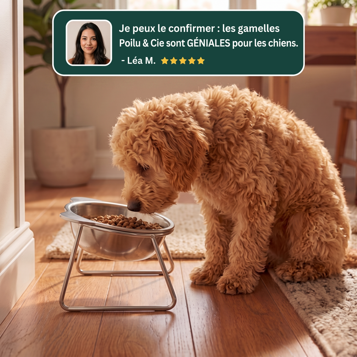 Avis client cinq etoiles avec un chien mangeant dans la gamelle Poilu & Cie