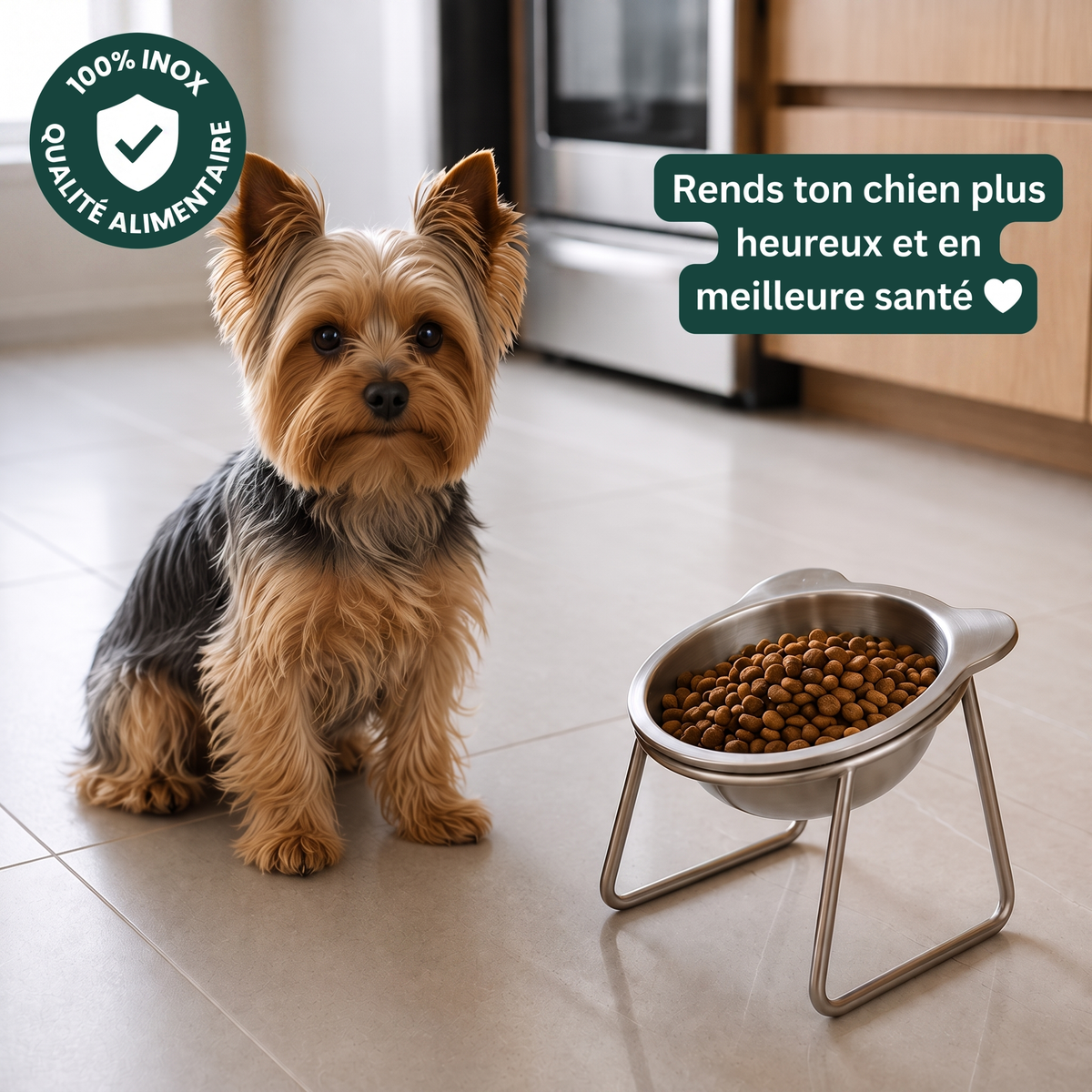 Petit chien assis près de la Gamelle Orthopédique Poilu & Cie sur pied surelevé