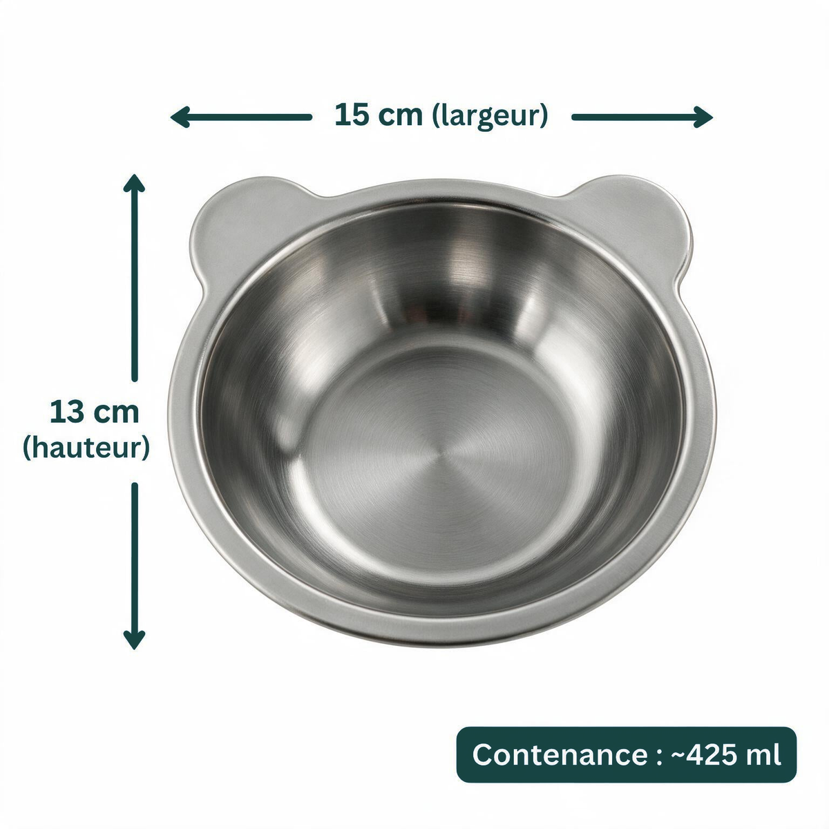 Dimensions de la gamelle : 15 cm de largeur, 13 cm de hauteur, 425 ml
