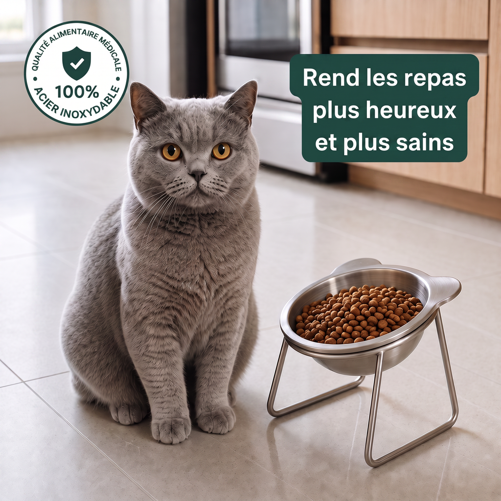 Chat British Shorthair gris à côté de la Gamelle Orthopédique Poilu & Cie™, avec badge qualité alimentaire médicale